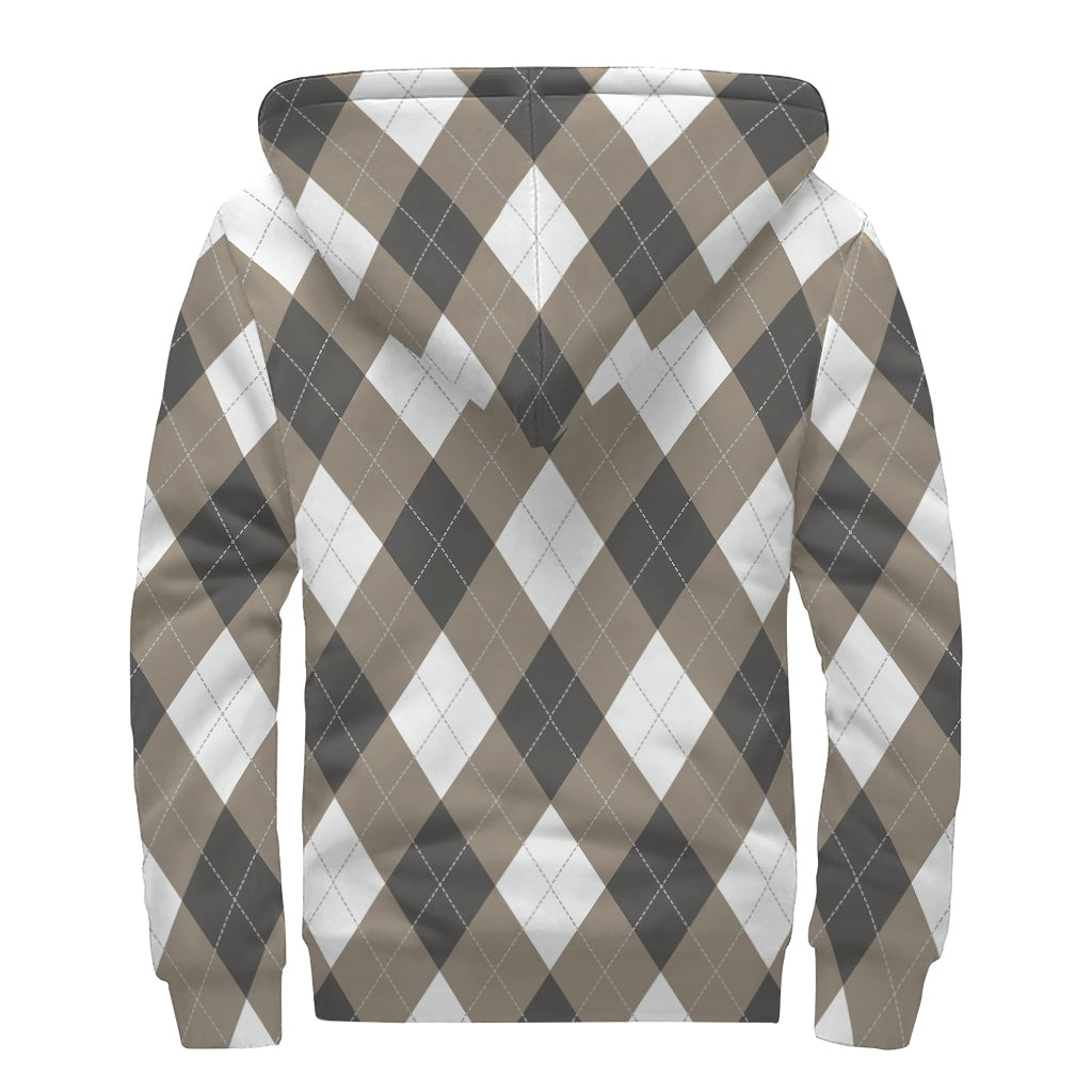 Brown And White Argyle Pattern Print Sherpa Lined Zip Up Hoodie