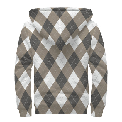 Brown And White Argyle Pattern Print Sherpa Lined Zip Up Hoodie