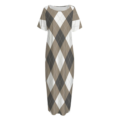 Brown And White Argyle Pattern Print Short Sleeve Long Nightdress
