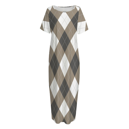 Brown And White Argyle Pattern Print Short Sleeve Long Nightdress