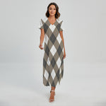 Brown And White Argyle Pattern Print Short Sleeve Maxi Dress