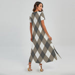 Brown And White Argyle Pattern Print Short Sleeve Maxi Dress
