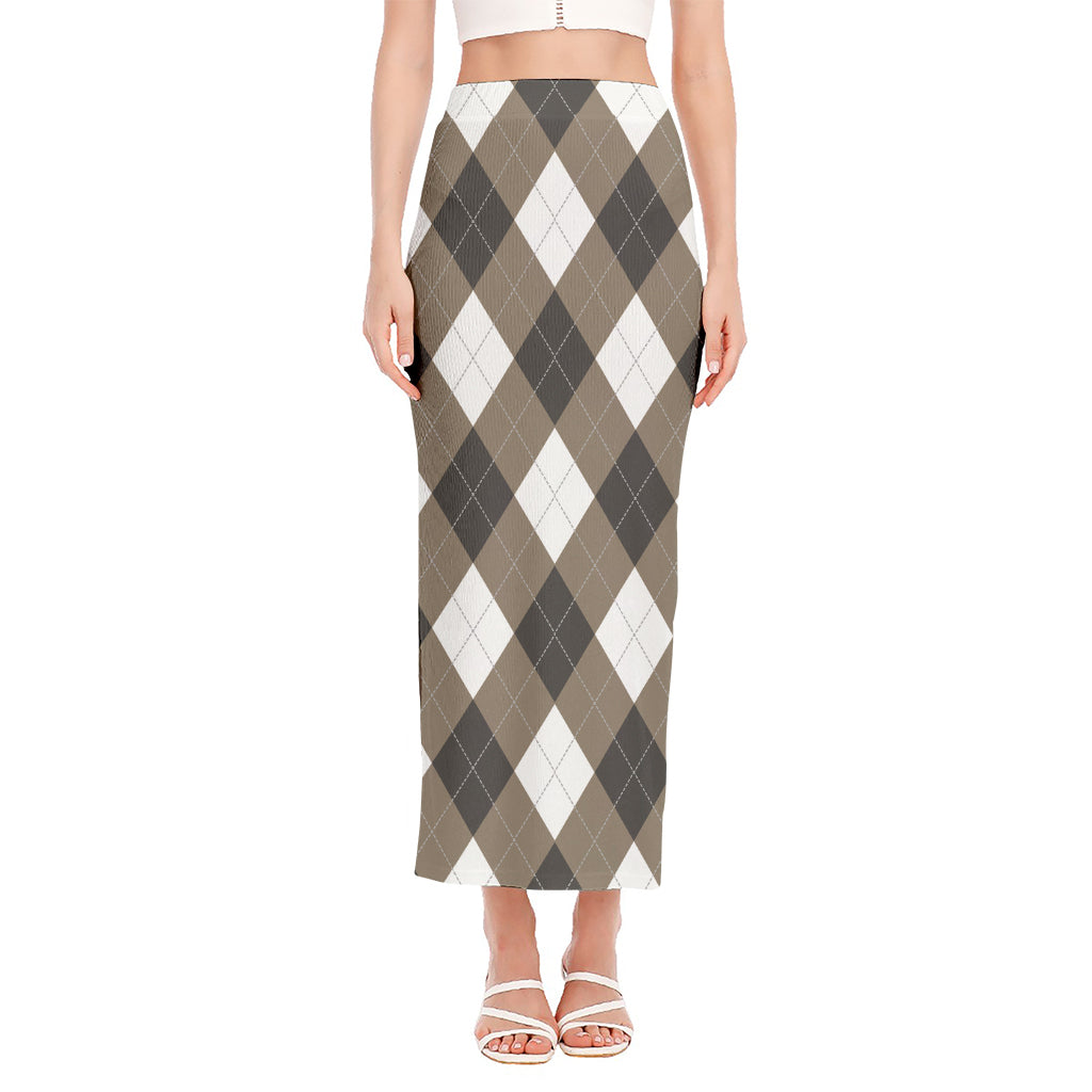 Brown And White Argyle Pattern Print Side Slit Maxi Skirt