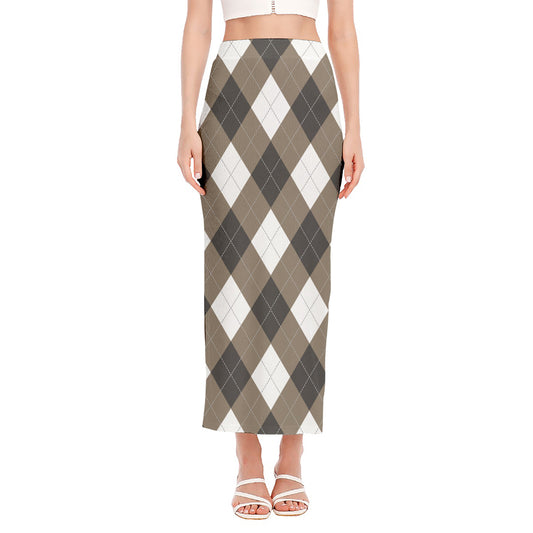 Brown And White Argyle Pattern Print Side Slit Maxi Skirt