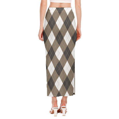 Brown And White Argyle Pattern Print Side Slit Maxi Skirt