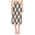 Brown And White Argyle Pattern Print Side Slit Midi Skirt
