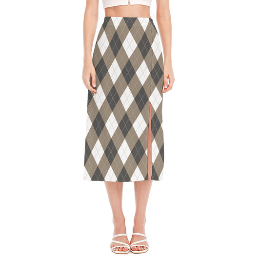 Brown And White Argyle Pattern Print Side Slit Midi Skirt