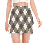 Brown And White Argyle Pattern Print Side Slit Mini Skirt