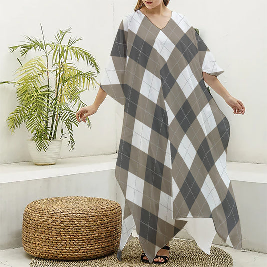 Brown And White Argyle Pattern Print Silk V-Neck Kaftan Dress
