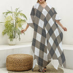 Brown And White Argyle Pattern Print Silk V-Neck Kaftan Dress