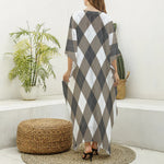 Brown And White Argyle Pattern Print Silk V-Neck Kaftan Dress