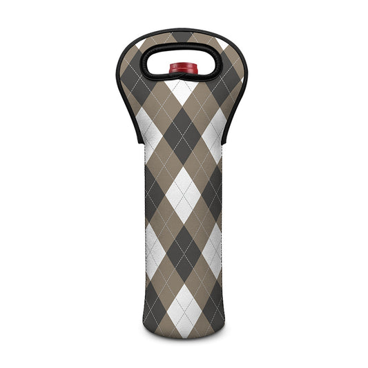 Brown And White Argyle Pattern Print Single Neoprene Wine Tote