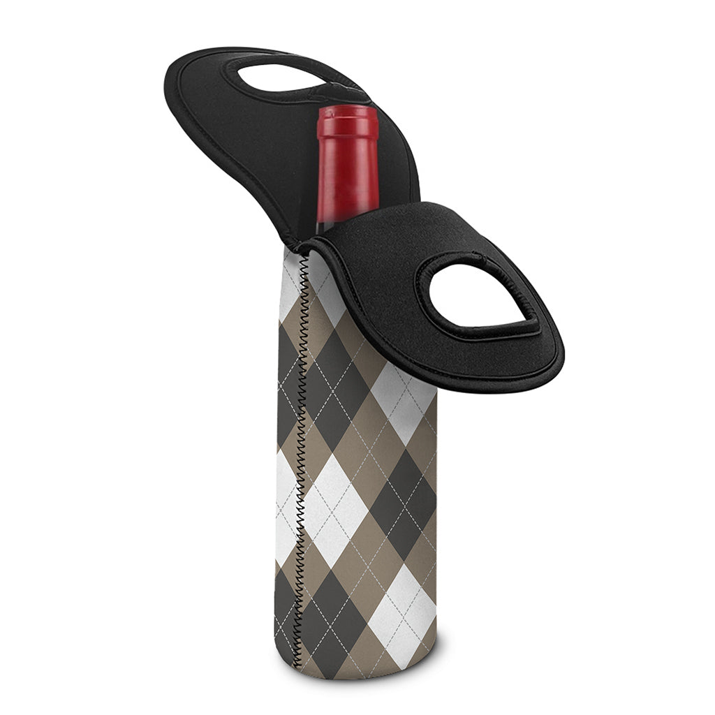 Brown And White Argyle Pattern Print Single Neoprene Wine Tote