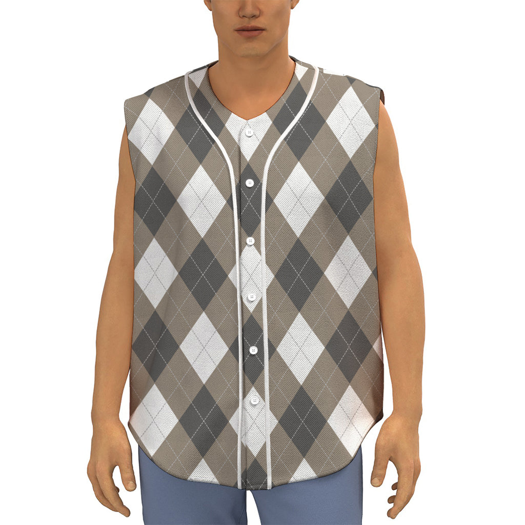 Brown And White Argyle Pattern Print Sleeveless Baseball Jersey