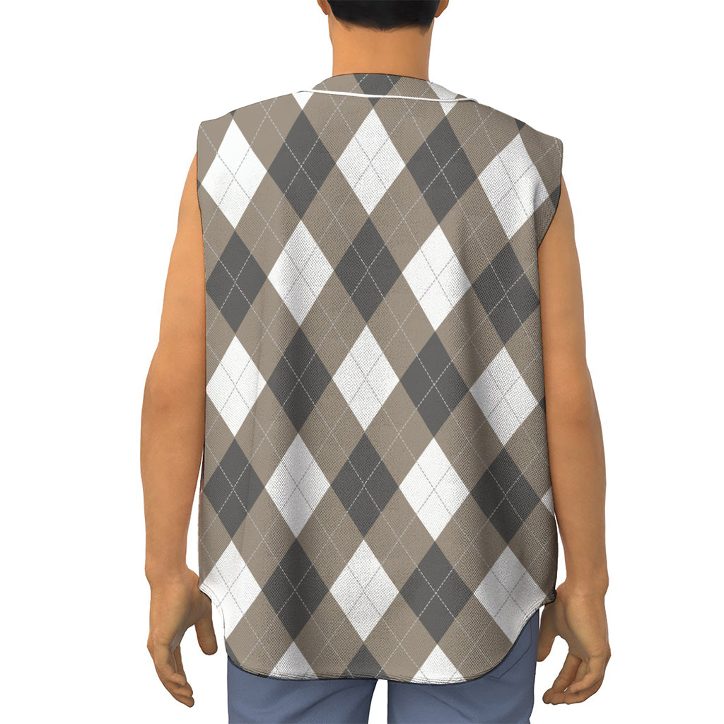 Brown And White Argyle Pattern Print Sleeveless Baseball Jersey