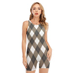 Brown And White Argyle Pattern Print Sleeveless One Piece Swimsuit