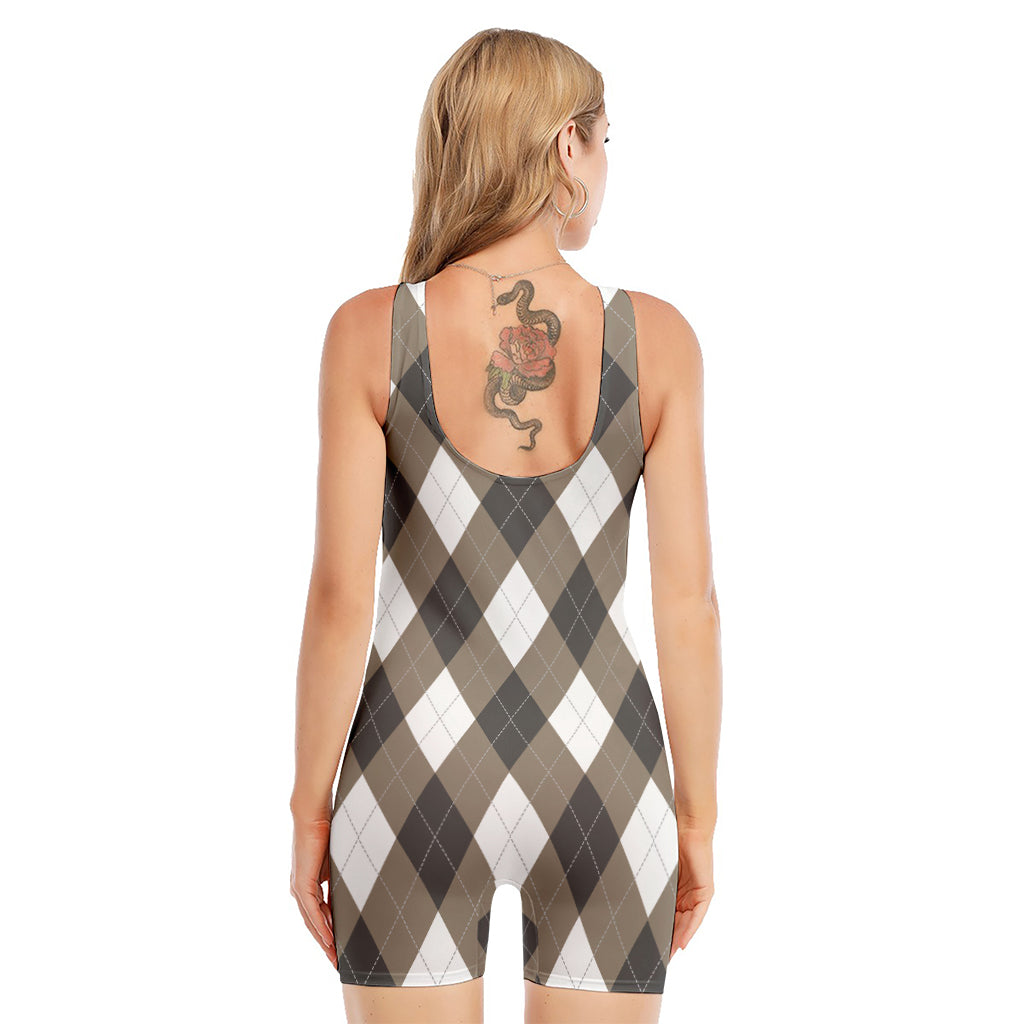 Brown And White Argyle Pattern Print Sleeveless One Piece Swimsuit