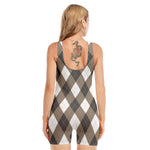 Brown And White Argyle Pattern Print Sleeveless One Piece Swimsuit