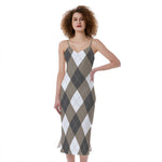 Brown And White Argyle Pattern Print Slim Fit Midi Cami Dress