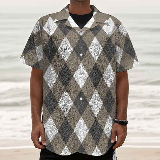 Brown And White Argyle Pattern Print Textured Short Sleeve Shirt
