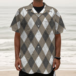 Brown And White Argyle Pattern Print Textured Short Sleeve Shirt