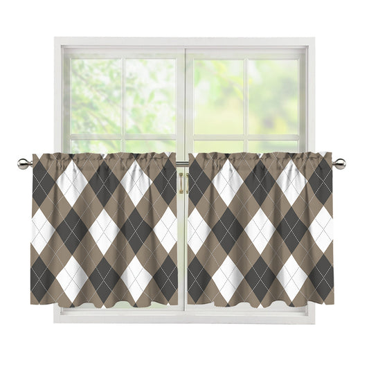 Brown And White Argyle Pattern Print Tier Curtains