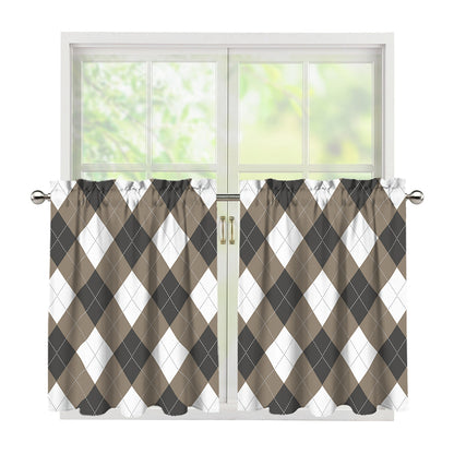 Brown And White Argyle Pattern Print Tier Curtains