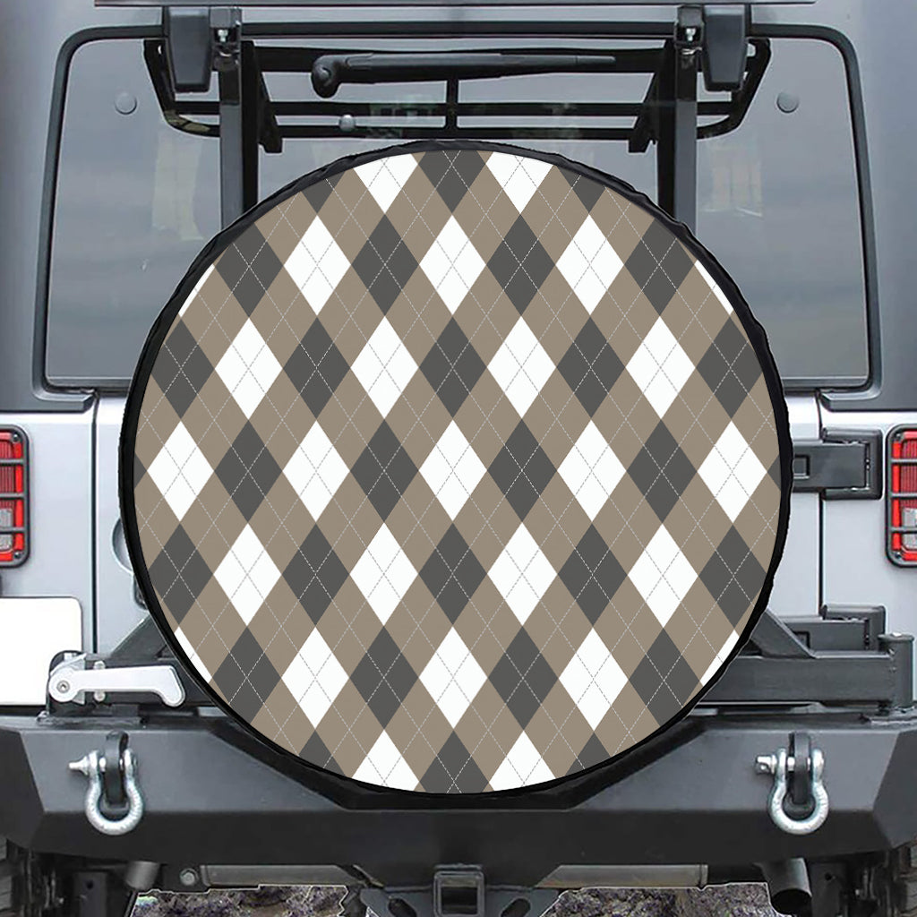 Brown And White Argyle Pattern Print Tire Cover