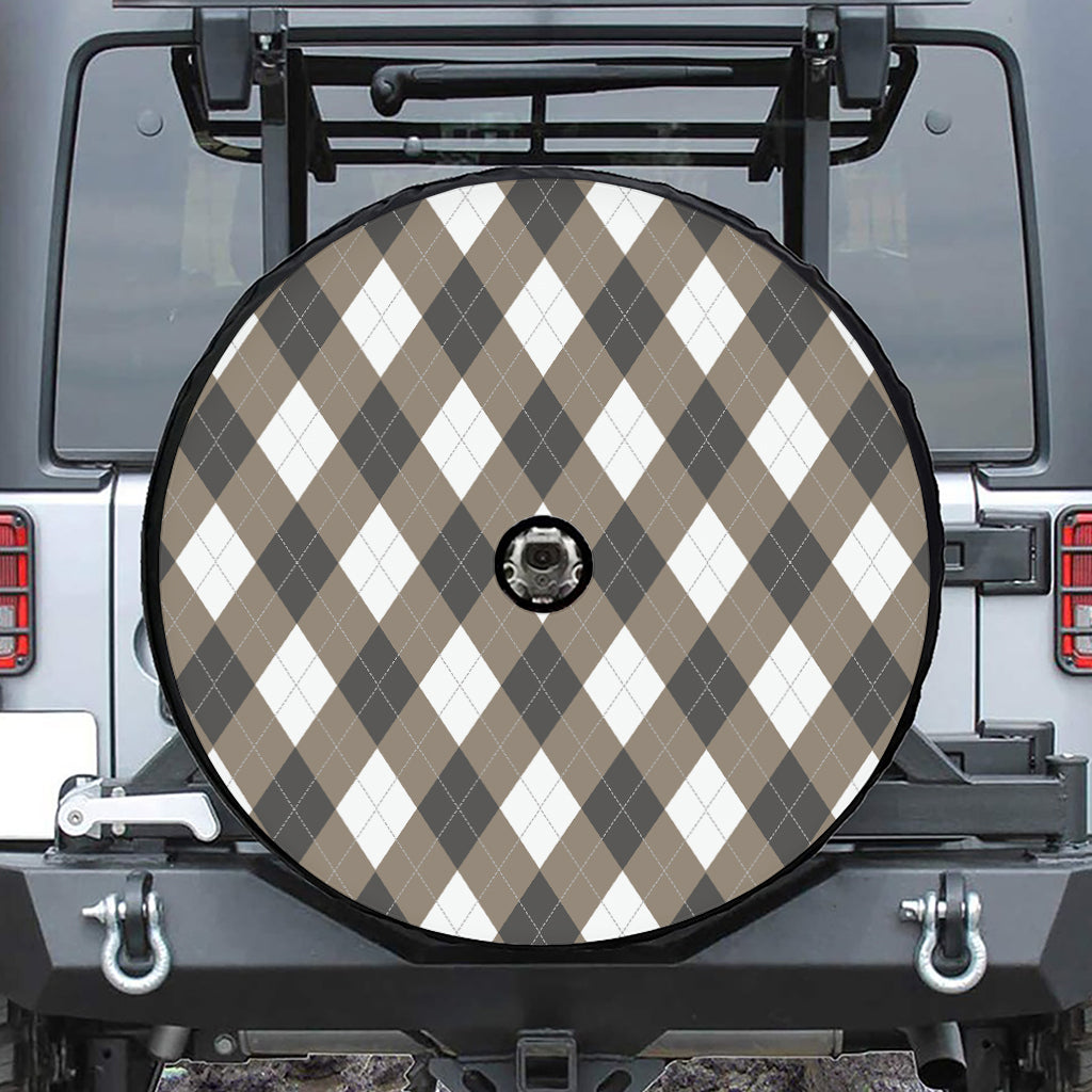 Brown And White Argyle Pattern Print Tire Cover With Camera Hole
