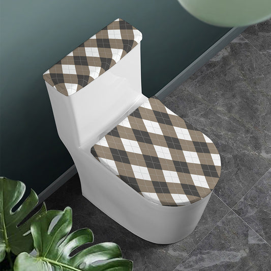 Brown And White Argyle Pattern Print Toilet Lid And Tank Cover Set