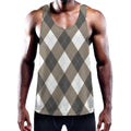 Brown And White Argyle Pattern Print Men's Workout Tank Top