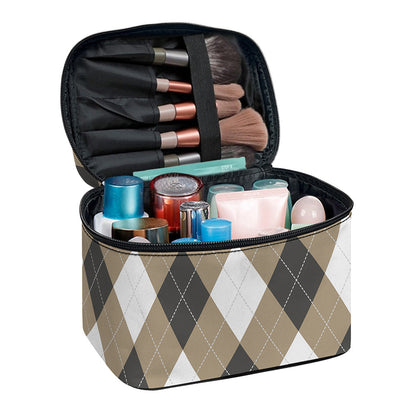 Brown And White Argyle Pattern Print Travel Makeup Bag