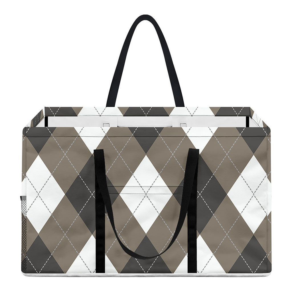 Brown And White Argyle Pattern Print Utility Tote Bag