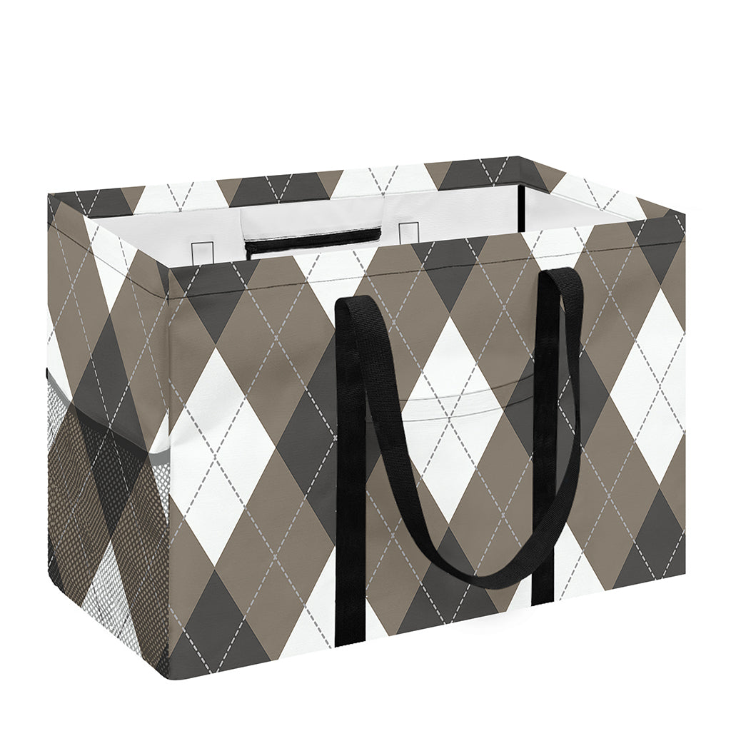 Brown And White Argyle Pattern Print Utility Tote Bag