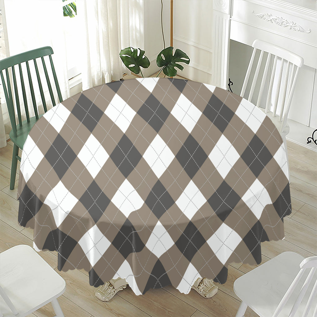 Brown And White Argyle Pattern Print Waterproof Round Tablecloth