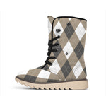 Brown And White Argyle Pattern Print Winter Boots