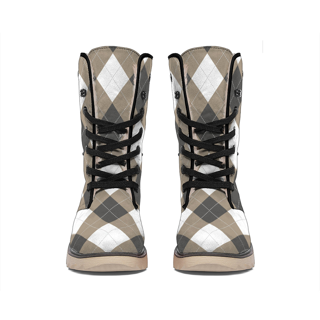 Brown And White Argyle Pattern Print Winter Boots