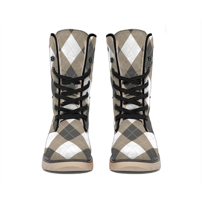 Brown And White Argyle Pattern Print Winter Boots