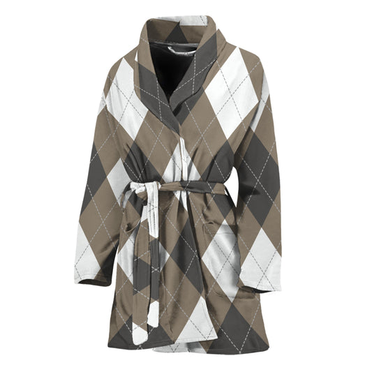 Brown And White Argyle Pattern Print Women's Bathrobe