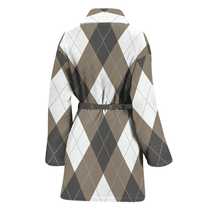 Brown And White Argyle Pattern Print Women's Bathrobe