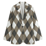 Brown And White Argyle Pattern Print Women's Blazer