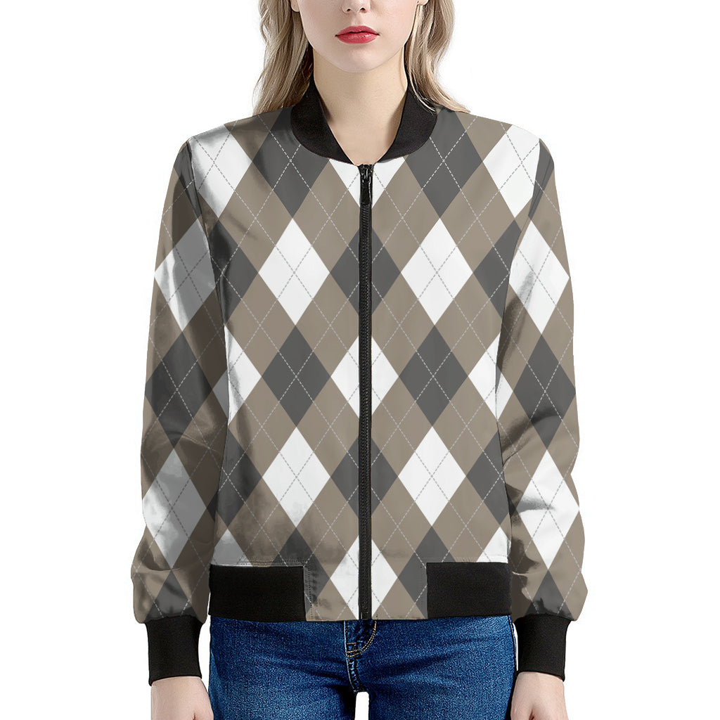 Brown And White Argyle Pattern Print Women's Bomber Jacket