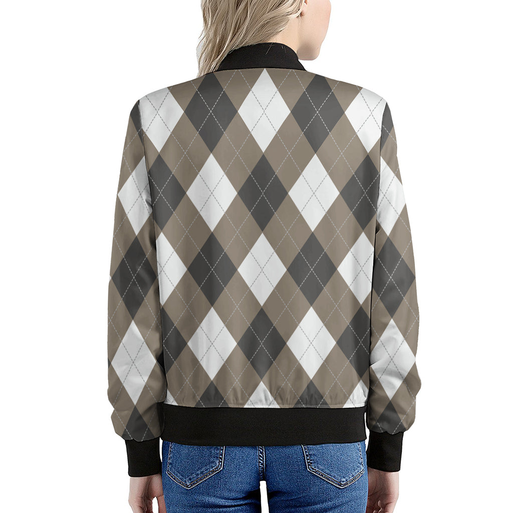 Brown And White Argyle Pattern Print Women's Bomber Jacket