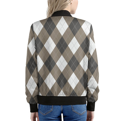 Brown And White Argyle Pattern Print Women's Bomber Jacket