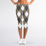 Brown And White Argyle Pattern Print Women's Capri Leggings