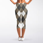 Brown And White Argyle Pattern Print Women's Capri Leggings
