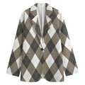 Brown And White Argyle Pattern Print Women's Cotton Blazer