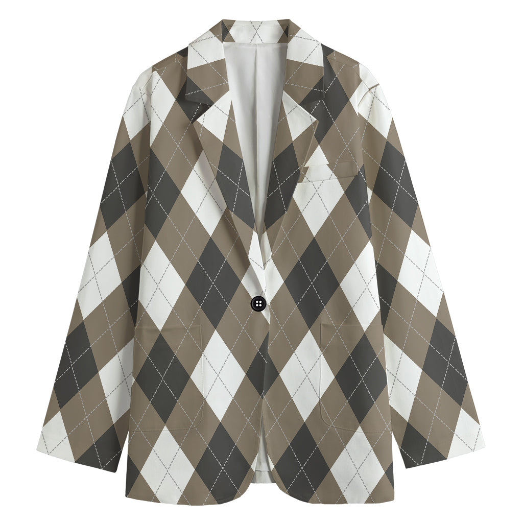 Brown And White Argyle Pattern Print Women's Cotton Blazer