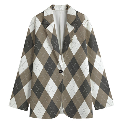 Brown And White Argyle Pattern Print Women's Cotton Blazer