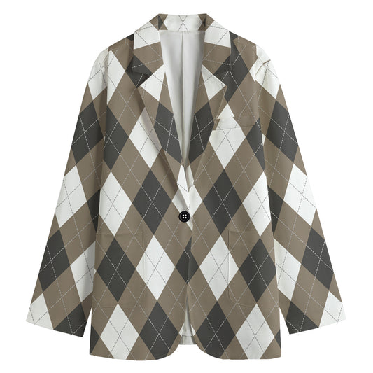 Brown And White Argyle Pattern Print Women's Cotton Blazer